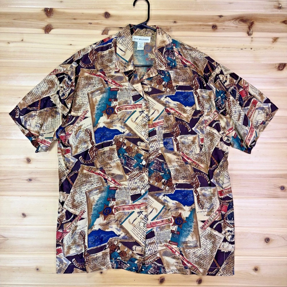 Vintage Jack Mulqueen Shirt Mens Medium Silk Voyager Short Sleeve Button Up